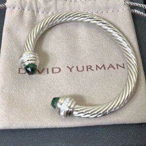 David Yurman Bracelet 7mm Sterling Silver Prasiolite Diamond Cable Classic Cuff